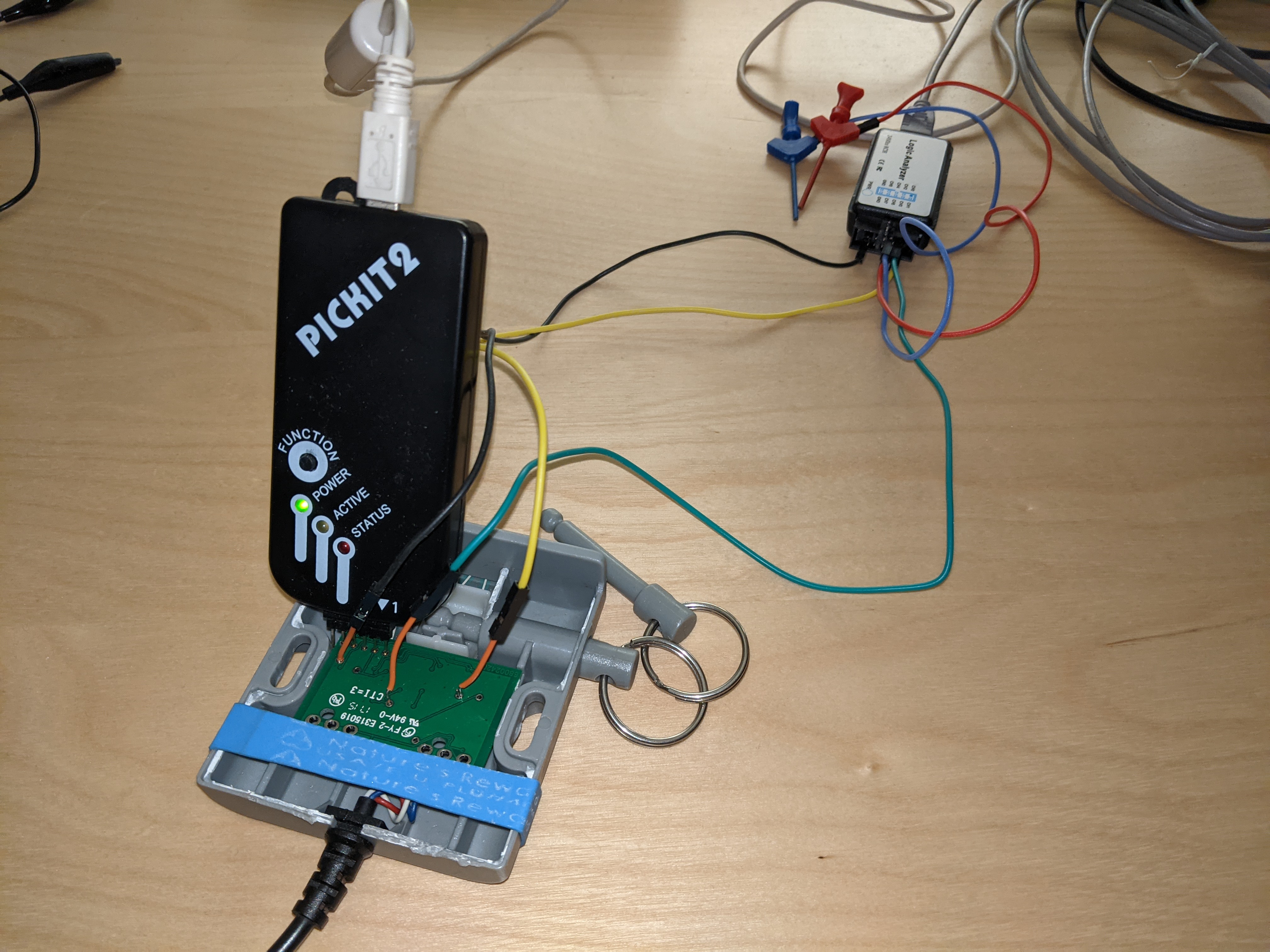 PIC programmer and logic analyzer connected to OEM BEKANT control board